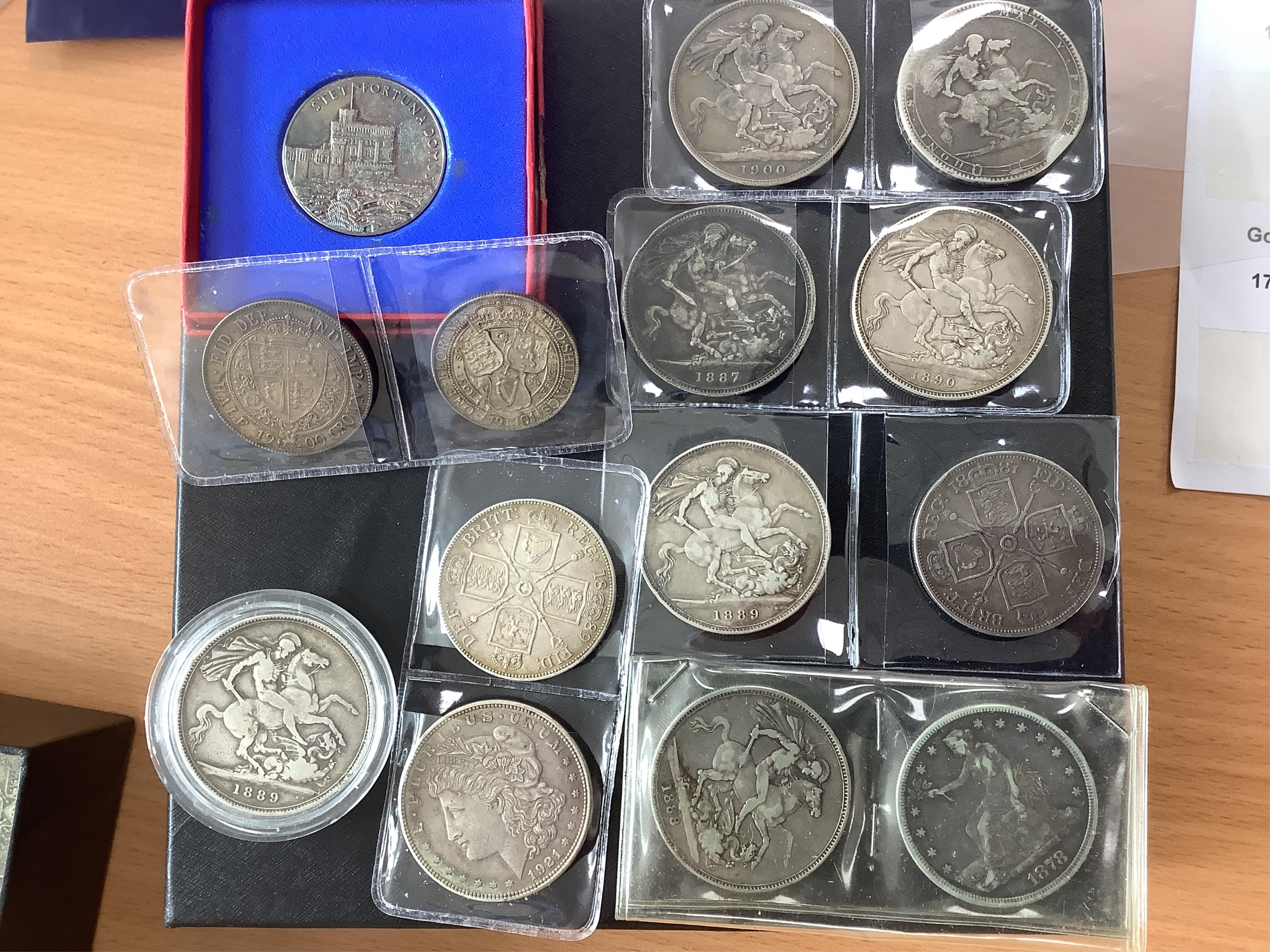 British and world coins, highlights to include -, silver crowns, 1818, 1887, 1888, 1889 x 2, 1890, VF, double florins, 1887, VF, 1889, good VF, Half-crown, 1817, fine, 1836, near fine, 1900, about EF, florin 1901, VF, Un